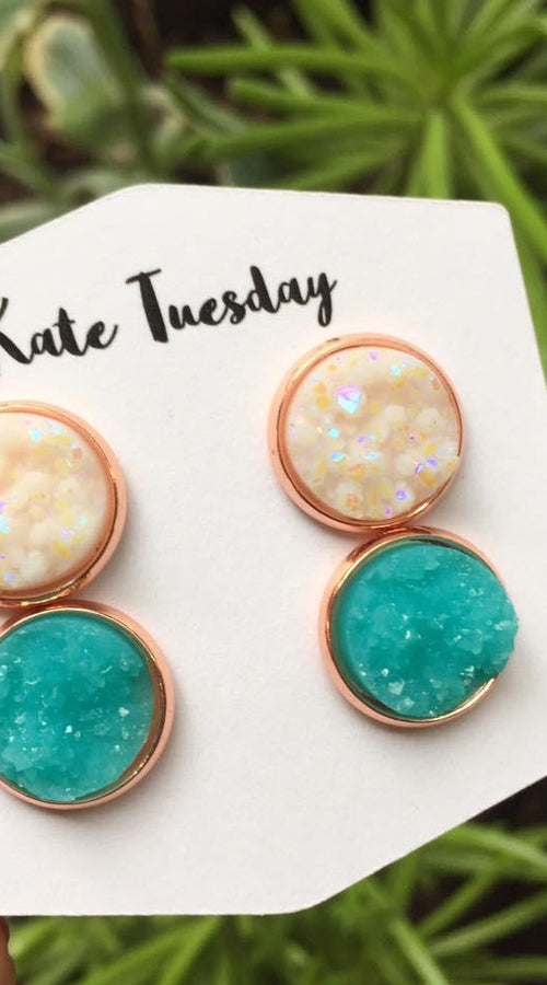 Load image into Gallery viewer, Double White + Turquoise Druzy Earrings Set

