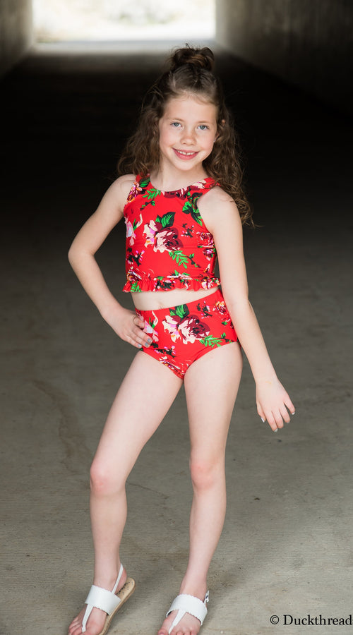 Load image into Gallery viewer, Janela Bay Red Floral Little Ruffle Swim Top
