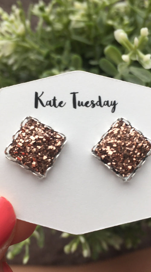 Load image into Gallery viewer, Light Rose Gold Square Druzy Earrings
