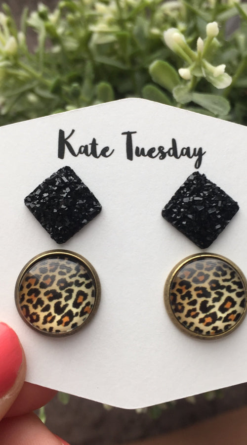 Load image into Gallery viewer, Double Cheetah + Black Square Druzy Earrings
