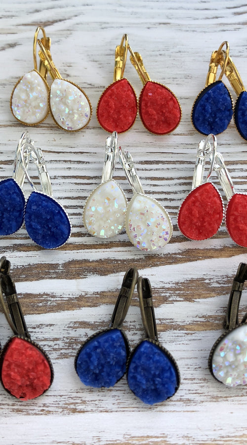 Load image into Gallery viewer, Patriotic 4th of July, Red, White + Blue Druzy Dangly Teardrop
