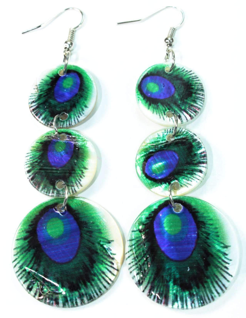 Three Tiered Peacock Feather Mother of Pearl Earrings