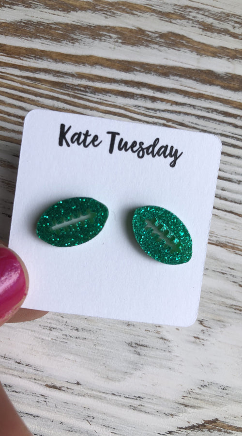 Load image into Gallery viewer, Emerald Green Football Sparkly Stud Acrylic Earrings
