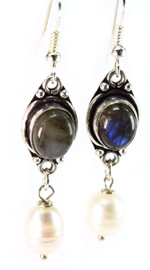 Load image into Gallery viewer, Labradorite &amp; Pearl Drop Earrings

