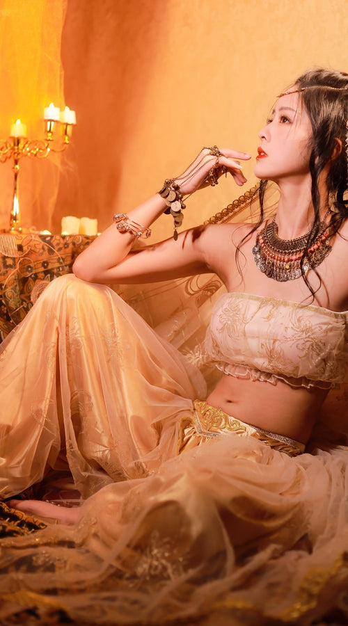 Load image into Gallery viewer, Golden Egyptian Princess Costume Elegant Sparkling Fabric Outfit
