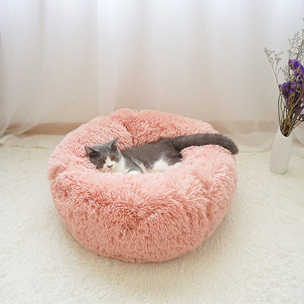 Soft Long Plush Cat Bed House Round Pet Cat Cave