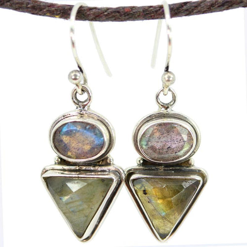 Load image into Gallery viewer, Tribal Style Trillion and Oval Cut Labradorite Earrings

