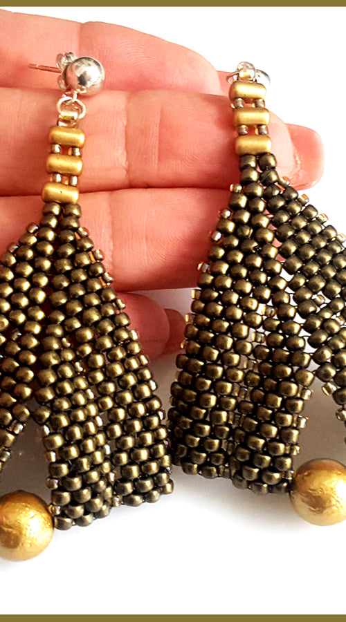 Load image into Gallery viewer, Gold Metallic Suede &amp; Gold Pearl Earrings
