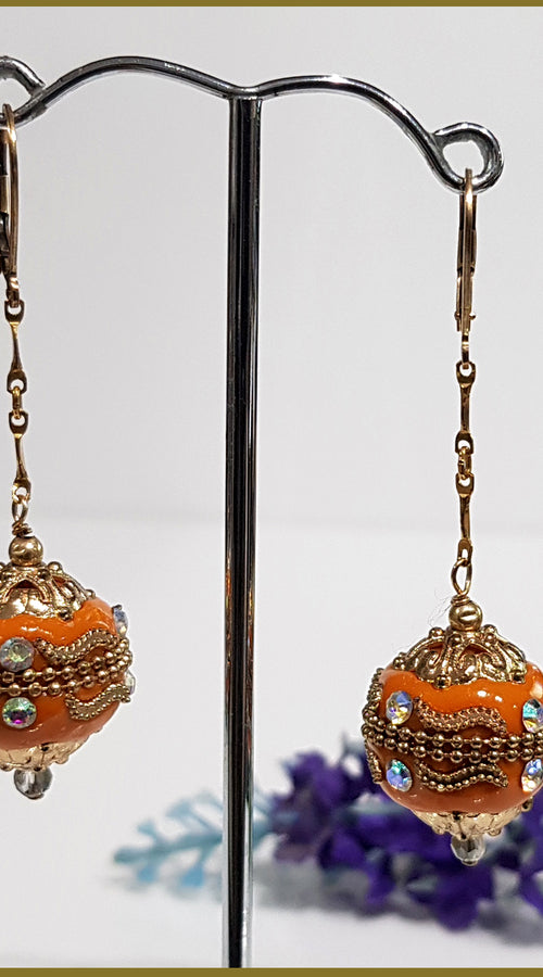 Load image into Gallery viewer, Orange Long Dangle, Gold Filled Earrings
