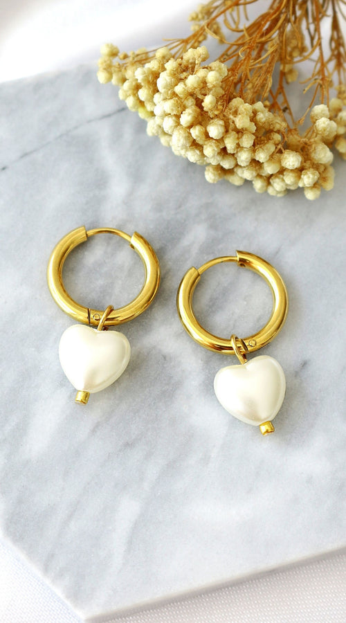 Load image into Gallery viewer, 24K Pearl Hearts Hoop Earrings
