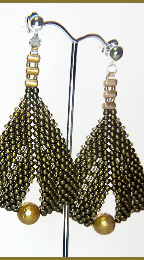 Load image into Gallery viewer, Gold Metallic Suede &amp; Gold Pearl Earrings
