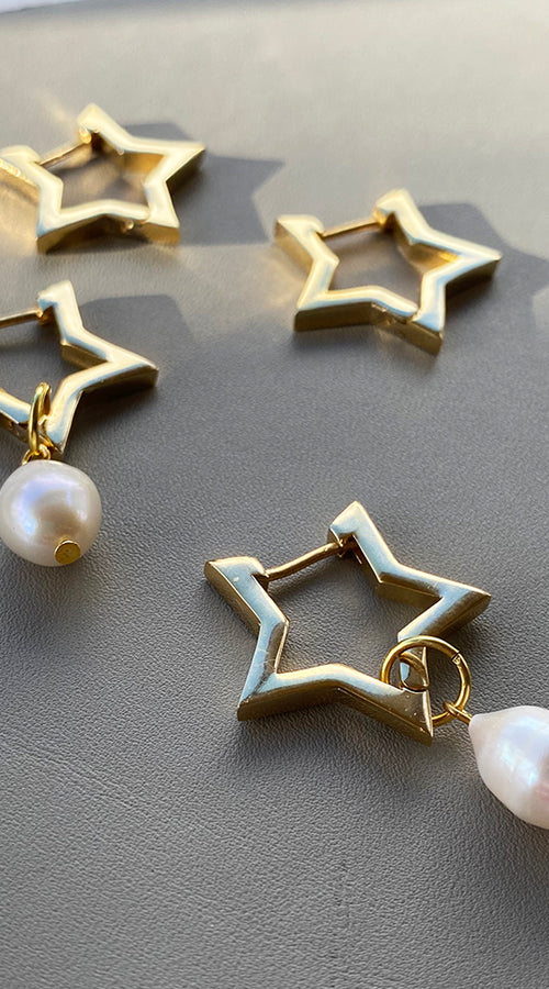 Load image into Gallery viewer, Star Hoop Pearl Earrings
