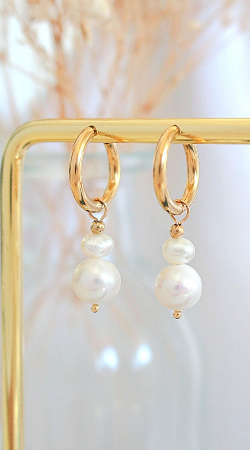 Load image into Gallery viewer, 24 Karats Freshwater Pearls Baroque Dangle Hoops

