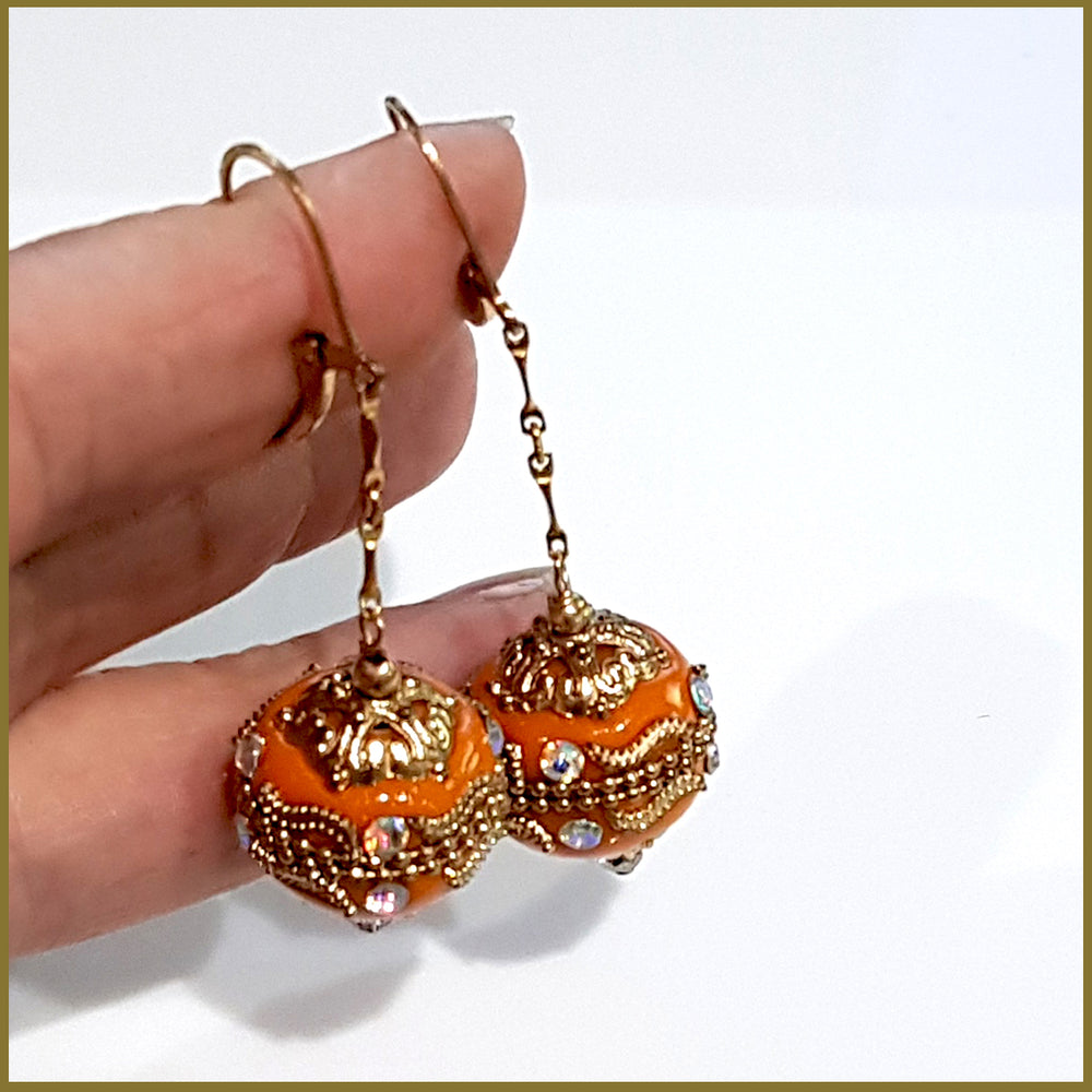Orange Long Dangle, Gold Filled Earrings