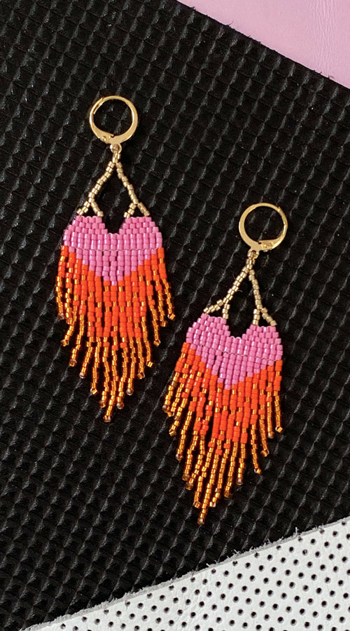 Load image into Gallery viewer, LOVE Earrings - Pink + Orange Ombre Fringe
