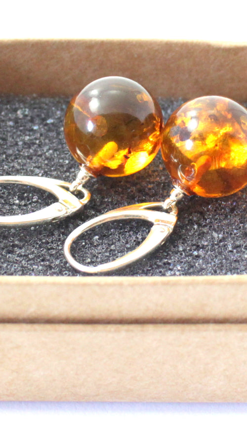 Load image into Gallery viewer, Round Baltic Amber Earrings With Sterling Silver
