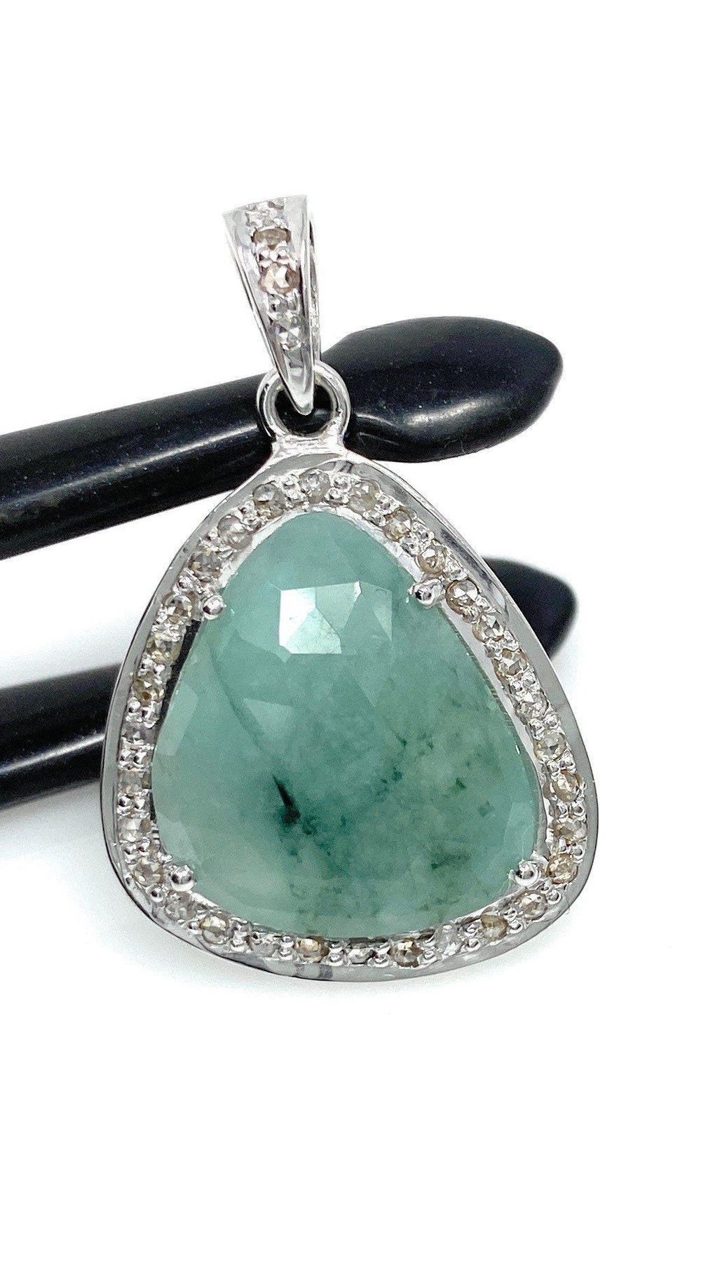 Emerald Diamond Pendant, Natural Emerald Sterling Silver Pendant, May