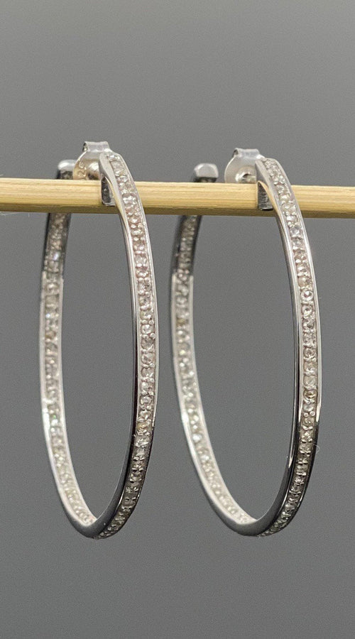 Load image into Gallery viewer, Diamond Hoop Earrings, Sterling Silver Pave Diamond Earrings, Silver
