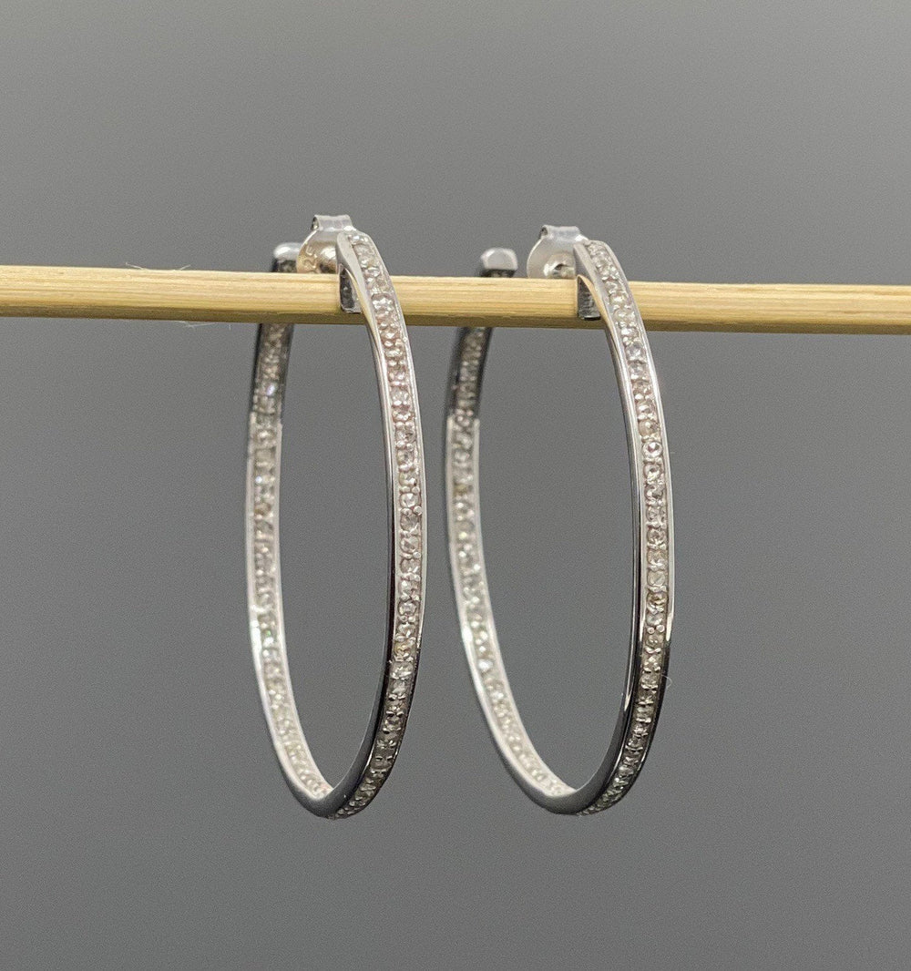 Diamond Hoop Earrings, Sterling Silver Pave Diamond Earrings, Silver
