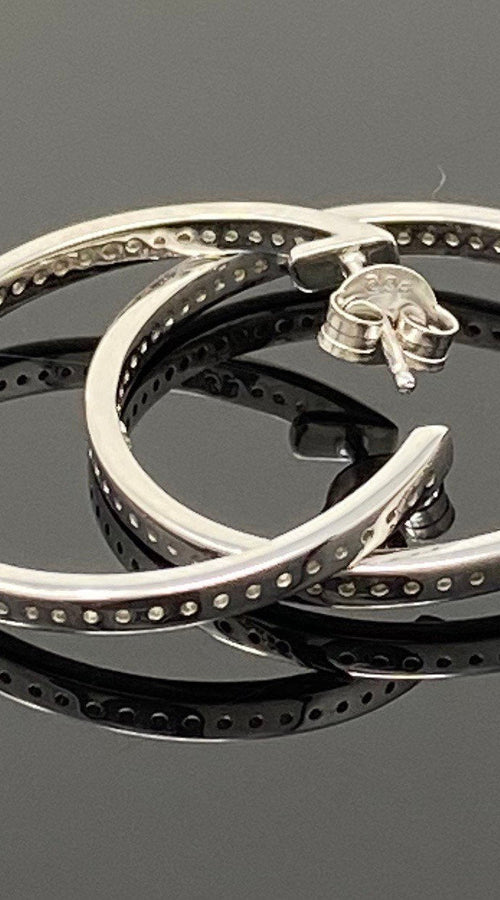 Load image into Gallery viewer, Diamond Hoop Earrings, Sterling Silver Pave Diamond Earrings, Silver
