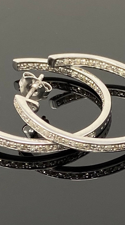Load image into Gallery viewer, Diamond Hoop Earrings, Sterling Silver Pave Diamond Earrings, Silver
