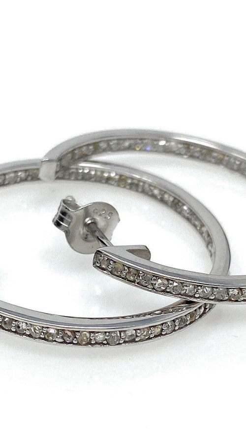 Load image into Gallery viewer, Diamond Hoop Earrings, Sterling Silver Pave Diamond Earrings, Silver
