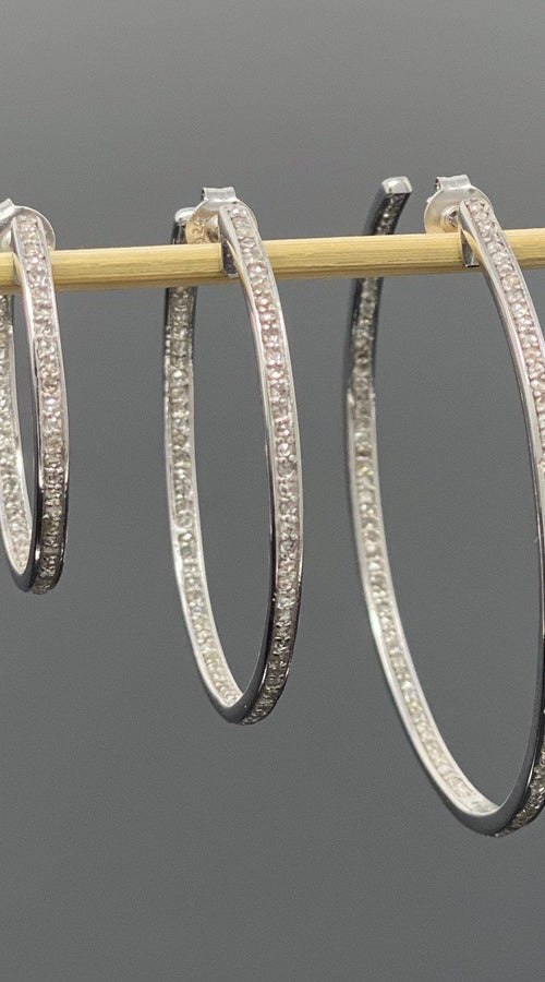 Load image into Gallery viewer, Diamond Hoop Earrings, Sterling Silver Pave Diamond Earrings, Silver
