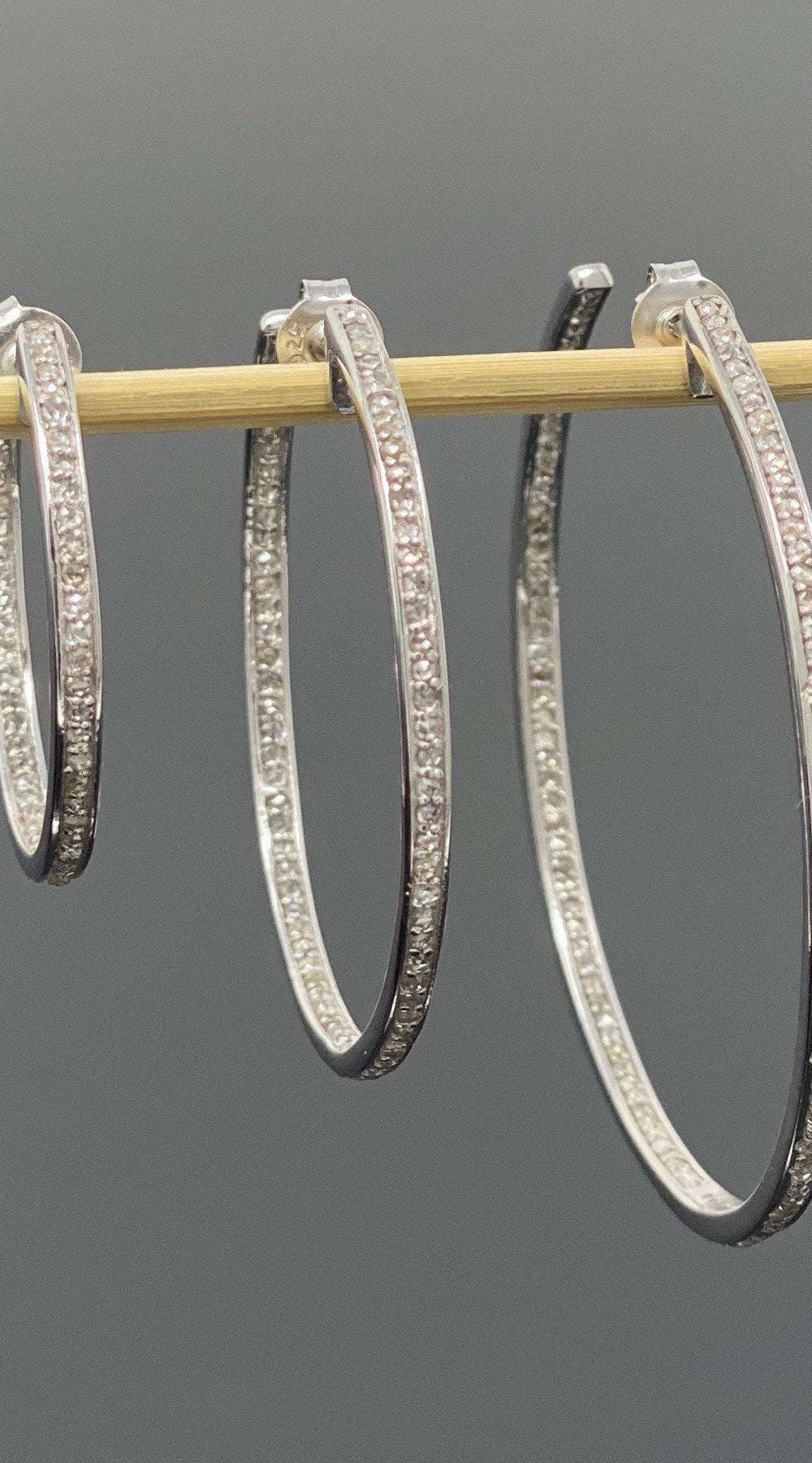 Diamond Hoop Earrings, Sterling Silver Pave Diamond Earrings, Silver