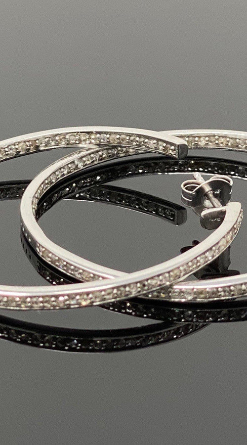 Load image into Gallery viewer, Diamond Hoop Earrings, Sterling Silver Pave Diamond Earrings, Silver
