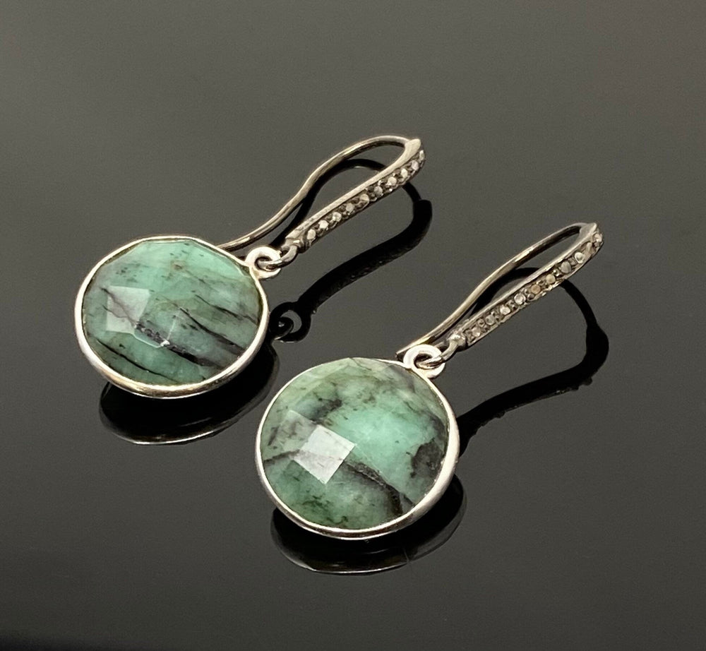 Genuine Emerald Earrings, Pave Diamond Earrings, Sterling Silver