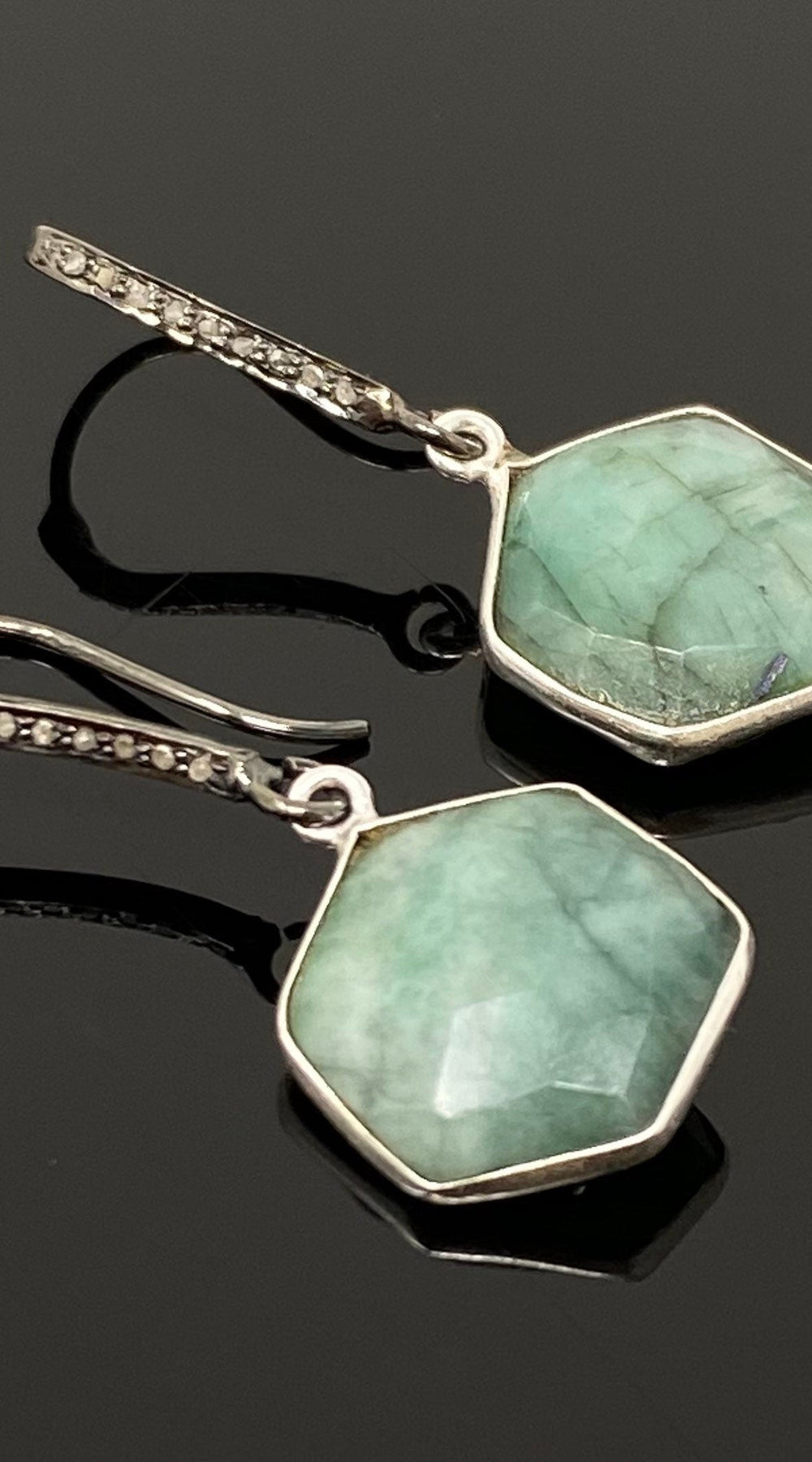 Genuine Emerald Earrings, Pave Diamond Earrings, Sterling Silver
