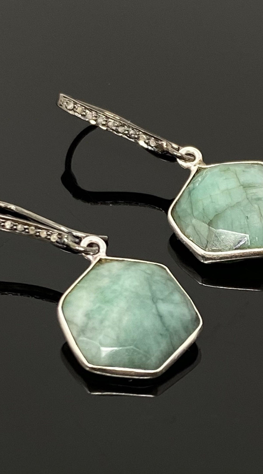 Genuine Emerald Earrings, Pave Diamond Earrings, Sterling Silver