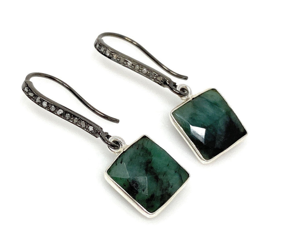 Genuine Emerald Earrings, Pave Diamond Earrings, Sterling Silver