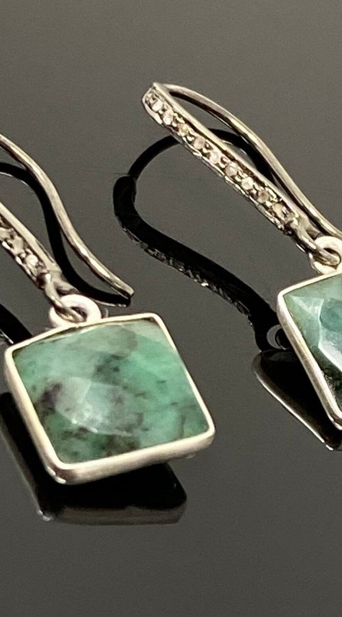 Load image into Gallery viewer, Genuine Emerald Earrings, Pave Diamond Earrings, Sterling Silver

