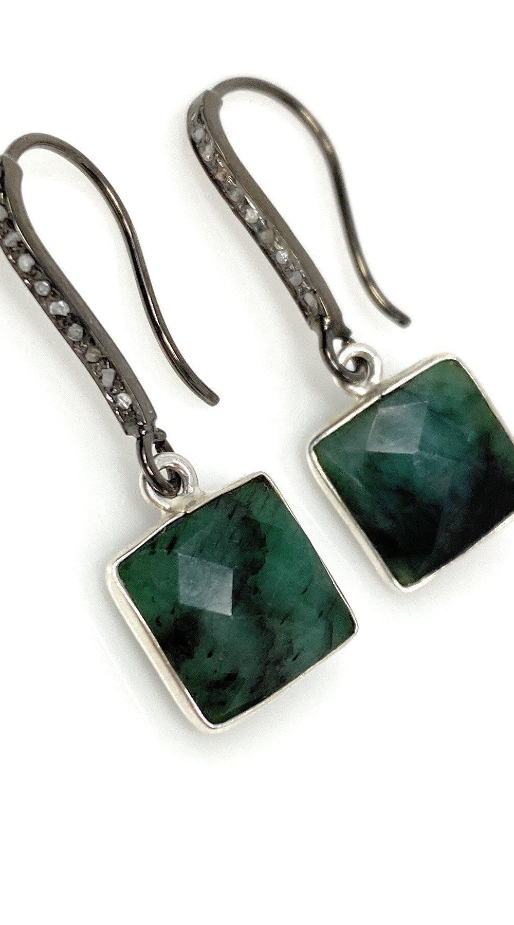 Genuine Emerald Earrings, Pave Diamond Earrings, Sterling Silver