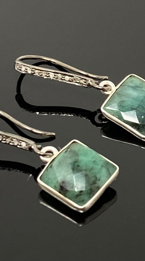 Load image into Gallery viewer, Genuine Emerald Earrings, Pave Diamond Earrings, Sterling Silver
