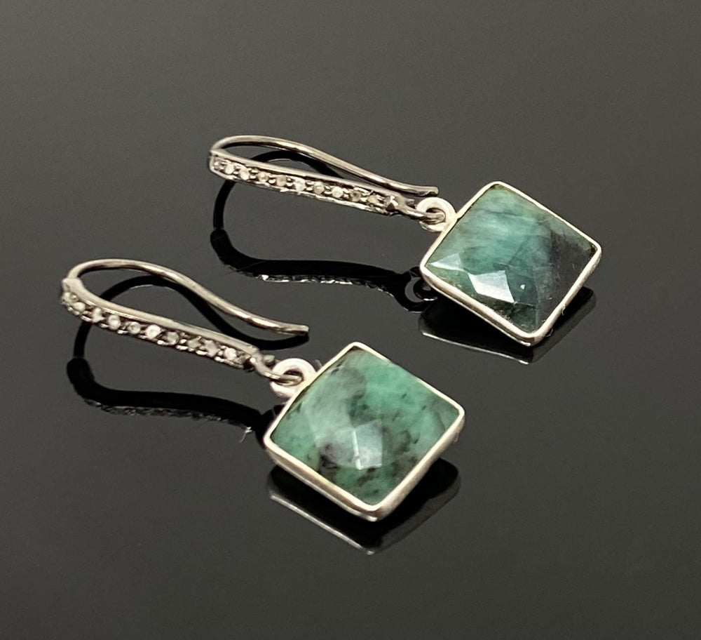 Genuine Emerald Earrings, Pave Diamond Earrings, Sterling Silver