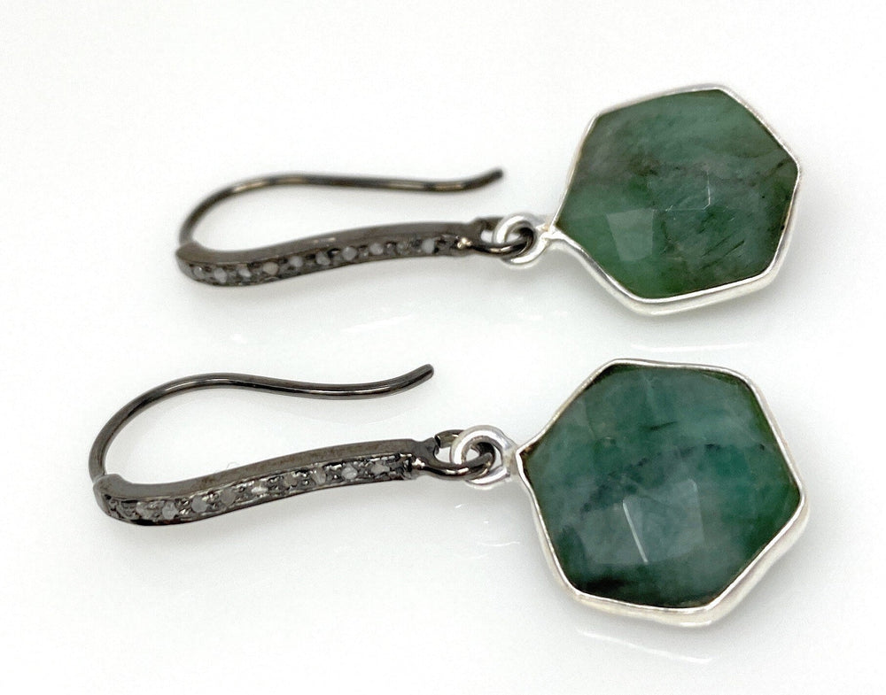 Genuine Emerald Earrings, Pave Diamond Earrings, Sterling Silver