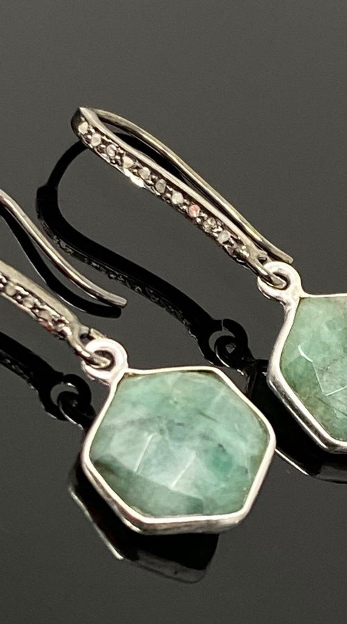 Load image into Gallery viewer, Genuine Emerald Earrings, Pave Diamond Earrings, Sterling Silver
