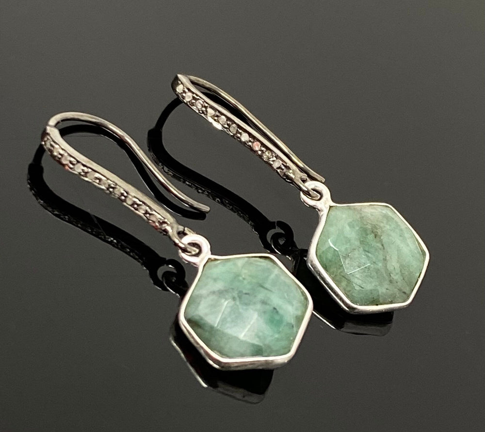 Genuine Emerald Earrings, Pave Diamond Earrings, Sterling Silver