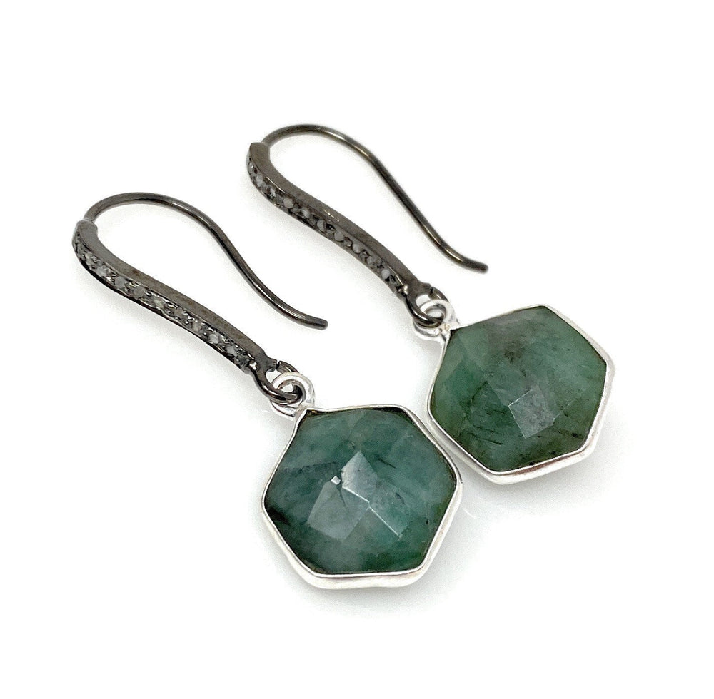 Genuine Emerald Earrings, Pave Diamond Earrings, Sterling Silver