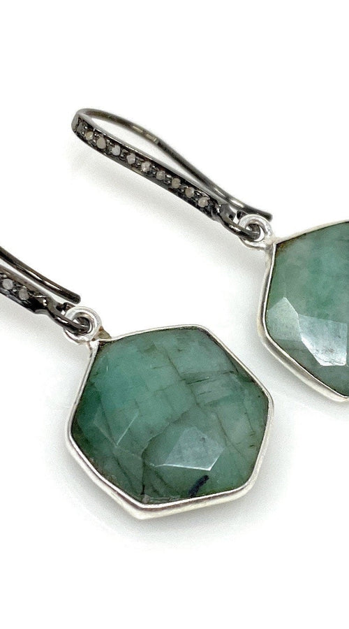 Load image into Gallery viewer, Genuine Emerald Earrings, Pave Diamond Earrings, Sterling Silver
