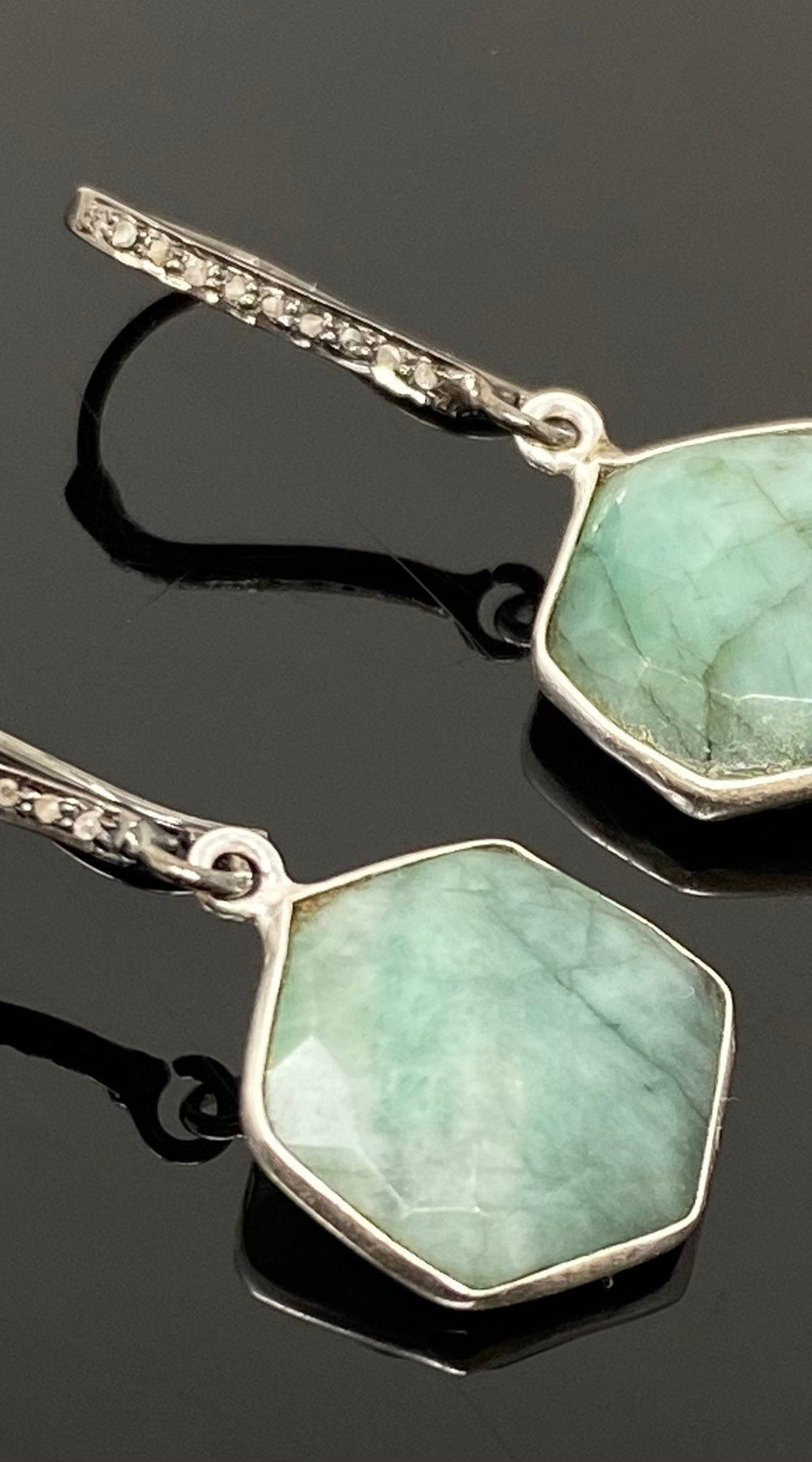 Genuine Emerald Earrings, Pave Diamond Earrings, Sterling Silver