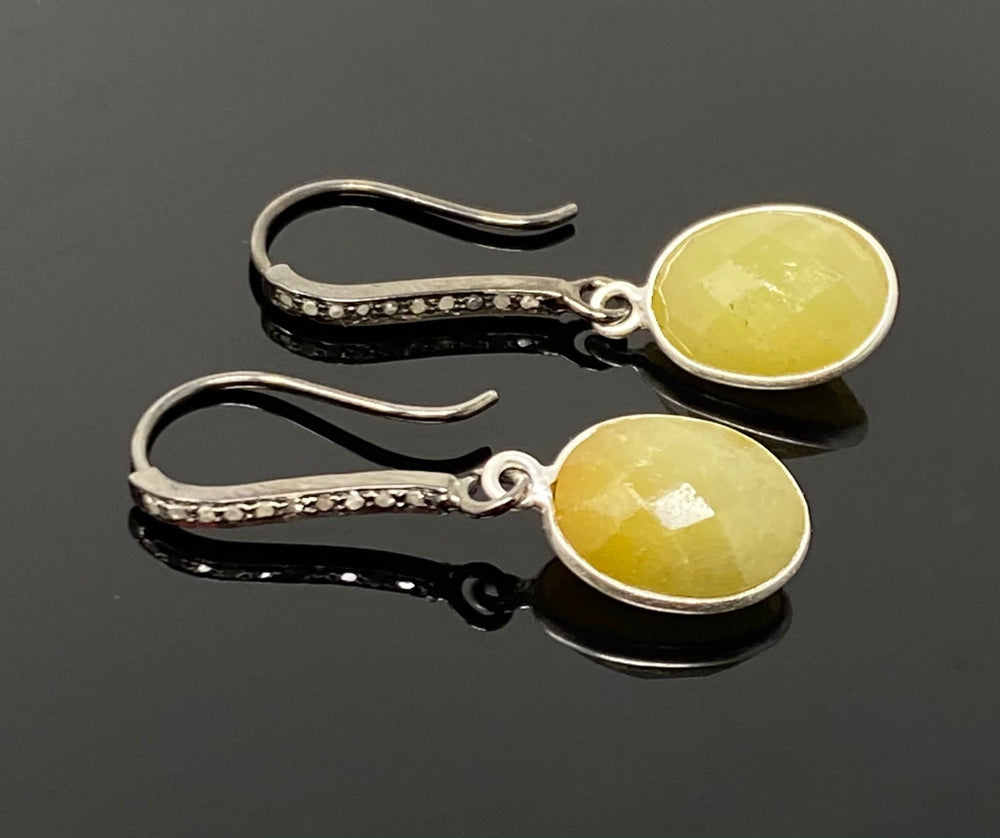 Yellow Sapphire Earrings, Pave Diamond Earrings, Sterling Silver