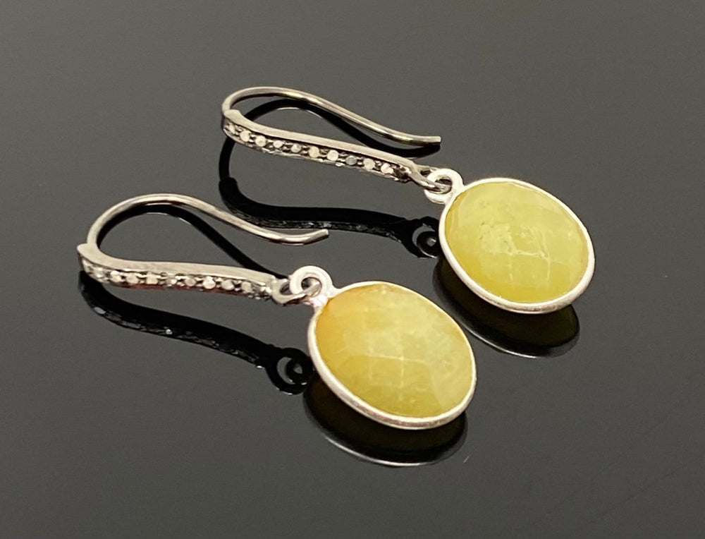 Yellow Sapphire Earrings, Pave Diamond Earrings, Sterling Silver