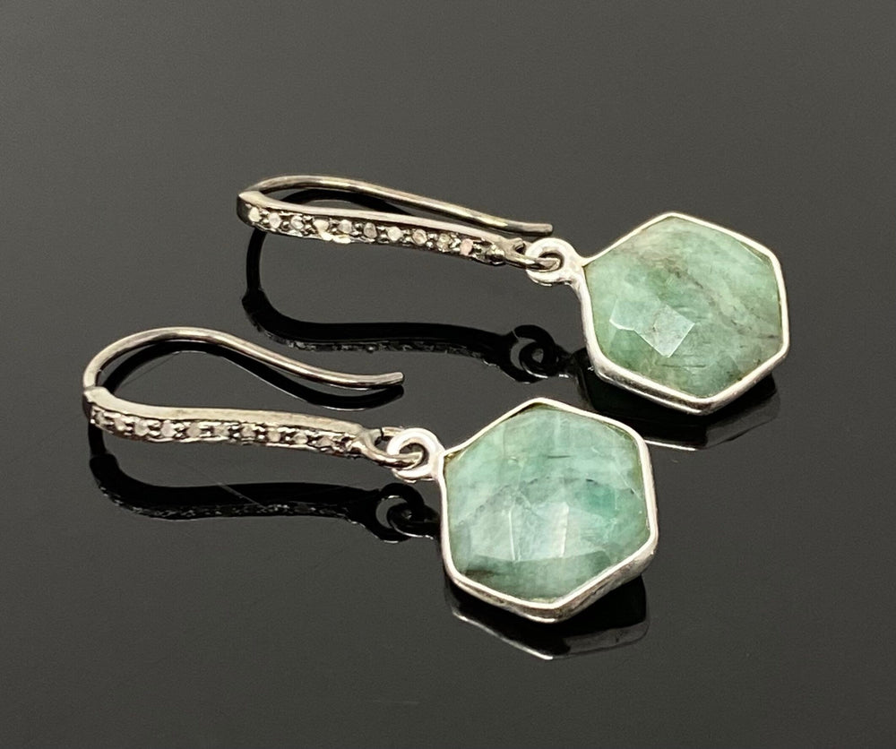 Genuine Emerald Earrings, Pave Diamond Earrings, Sterling Silver
