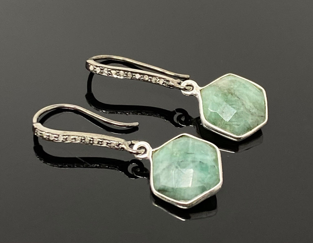 Genuine Emerald Earrings, Pave Diamond Earrings, Sterling Silver