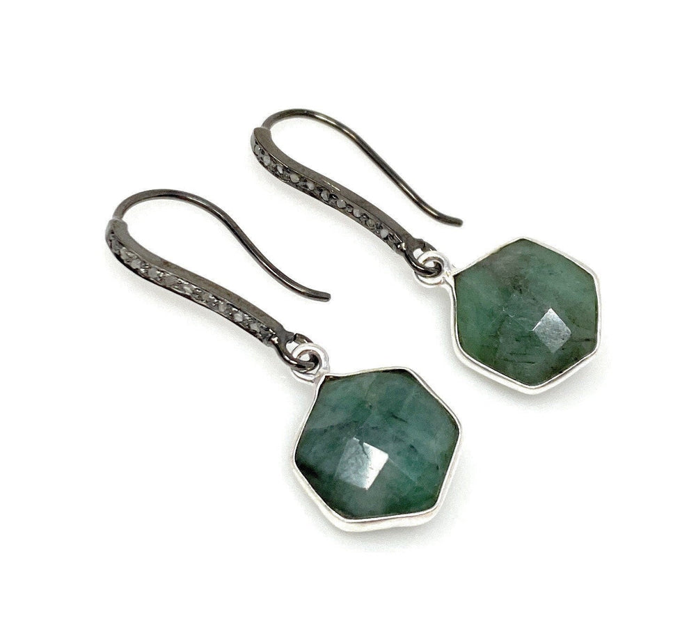 Genuine Emerald Earrings, Pave Diamond Earrings, Sterling Silver