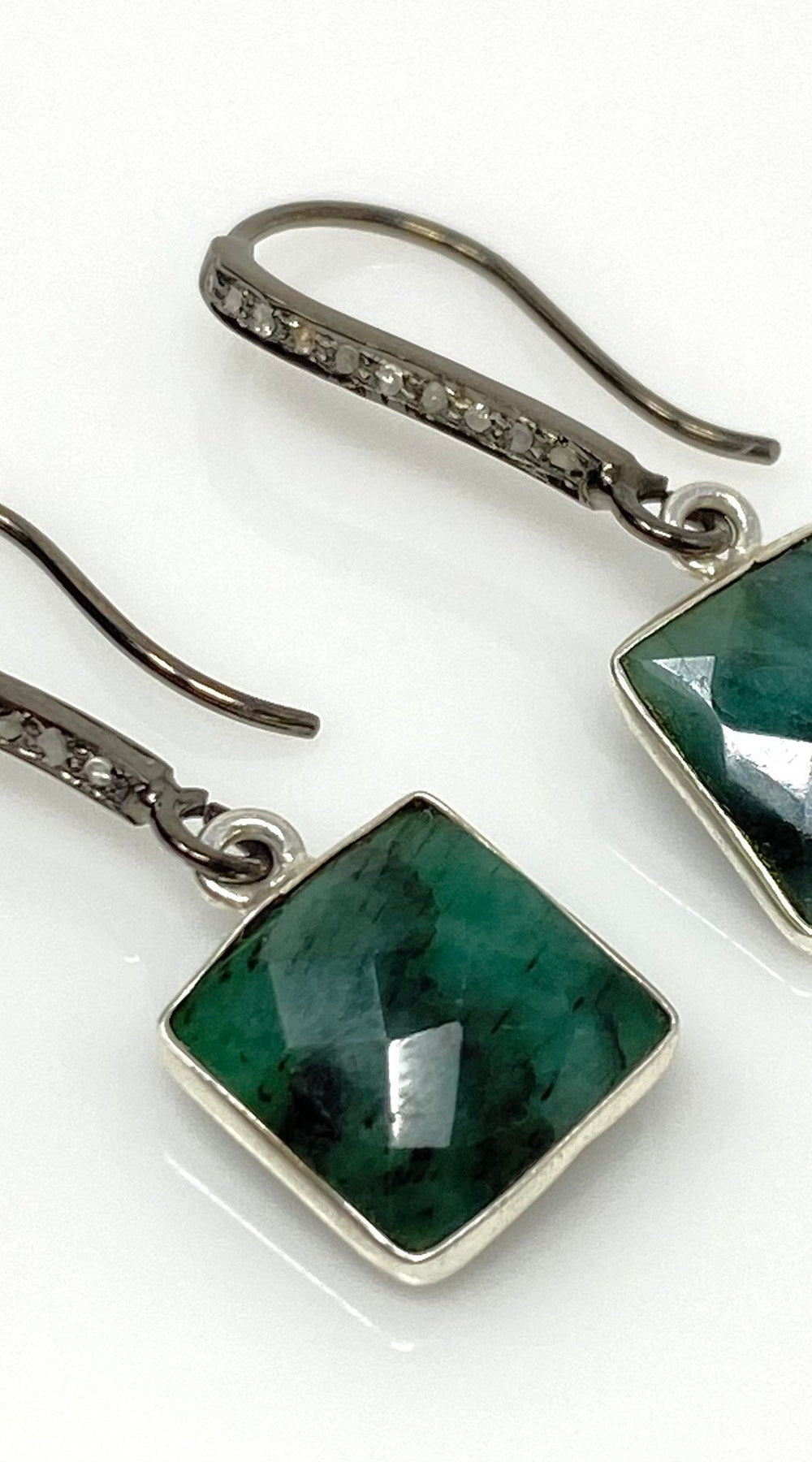 Genuine Emerald Earrings, Pave Diamond Earrings, Sterling Silver