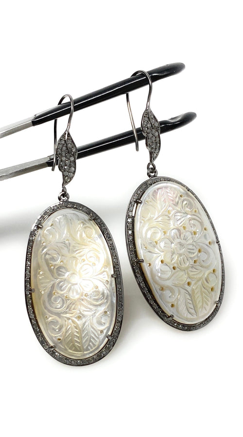 Load image into Gallery viewer, Mother of Pearl Pave Diamond Earrings, Natural Gemstone Nacre
